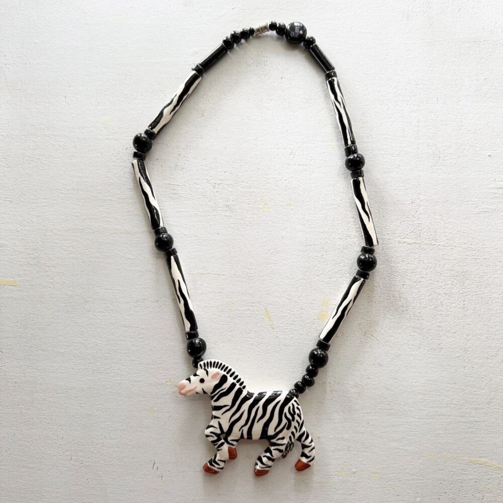 Rare! Vintage RUBY Z Candace Loheed Ceramic Hand-Painted Zebra Necklace 19080s